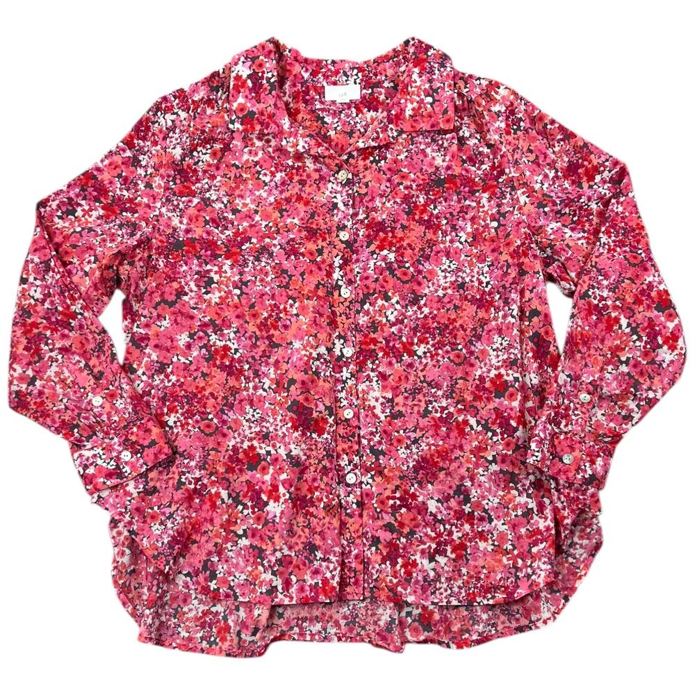 J. Jill Floral Button Front Cotton Shirt Pink Red Flowy Blouse - XL Petite